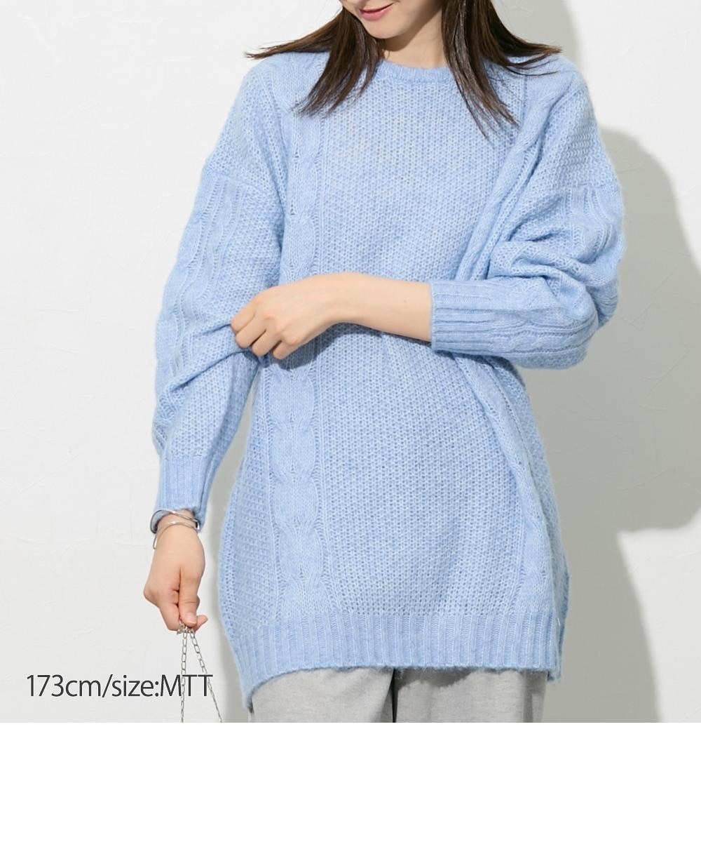 高身長 ふわっと軽い ゆったりシルエットケーブル柄ニットチュニック