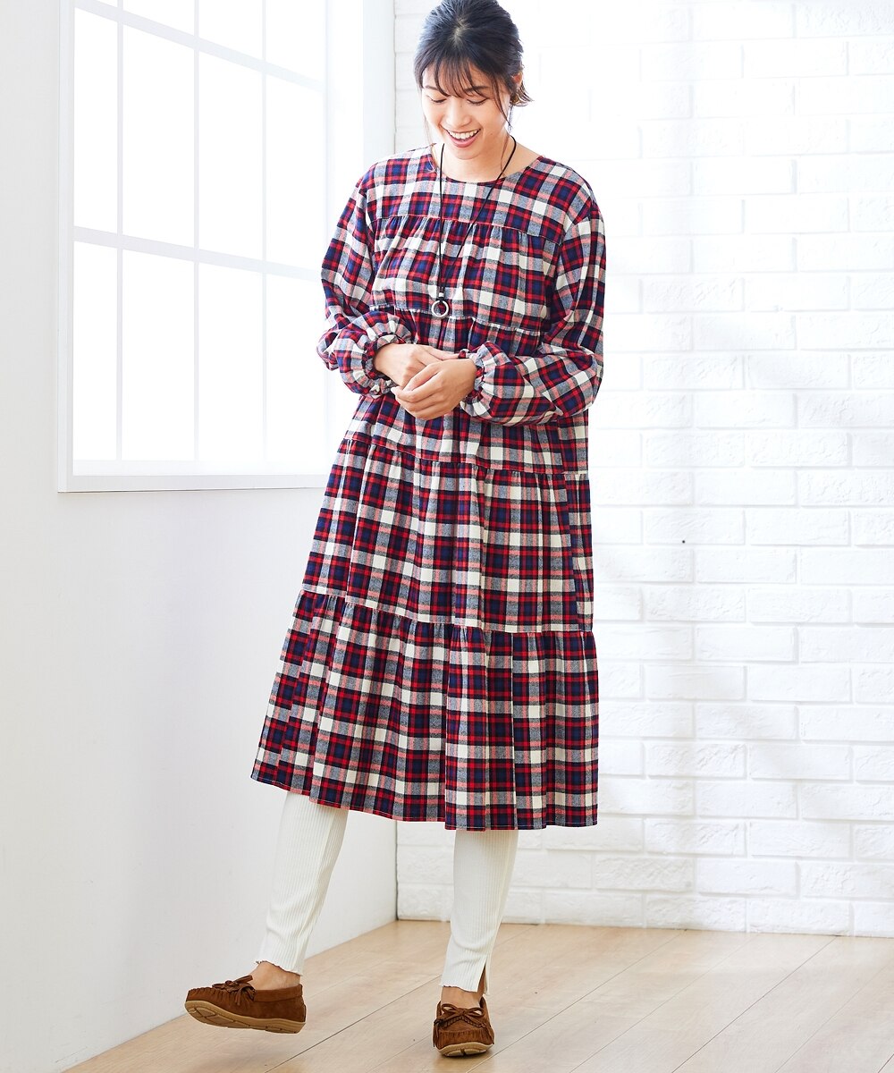大きいサイズ 綿100％ティアードチェック柄ワンピース（OtonaSMILE