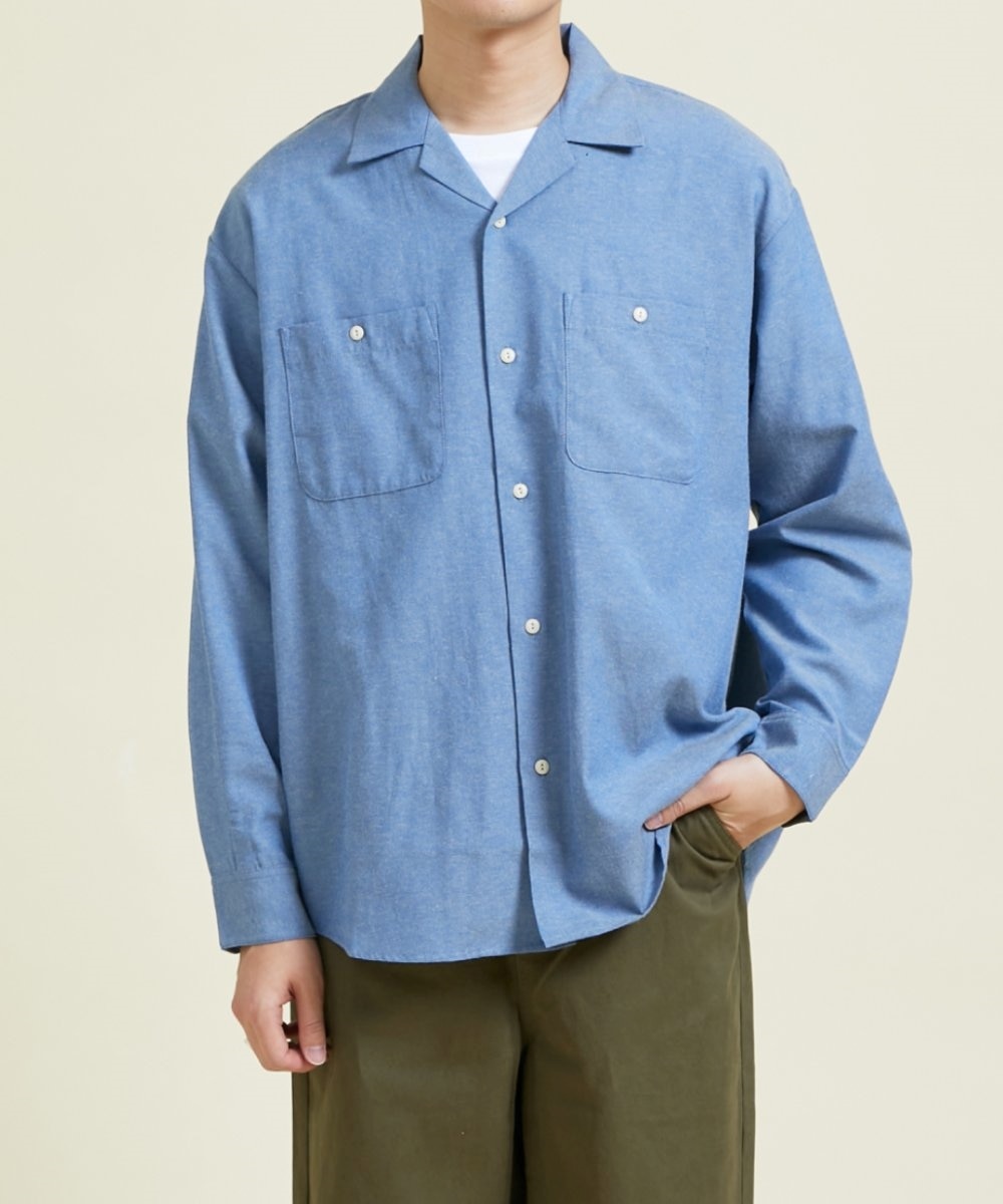 オープンカラーダンガリー長袖シャツ 通販【ニッセン】