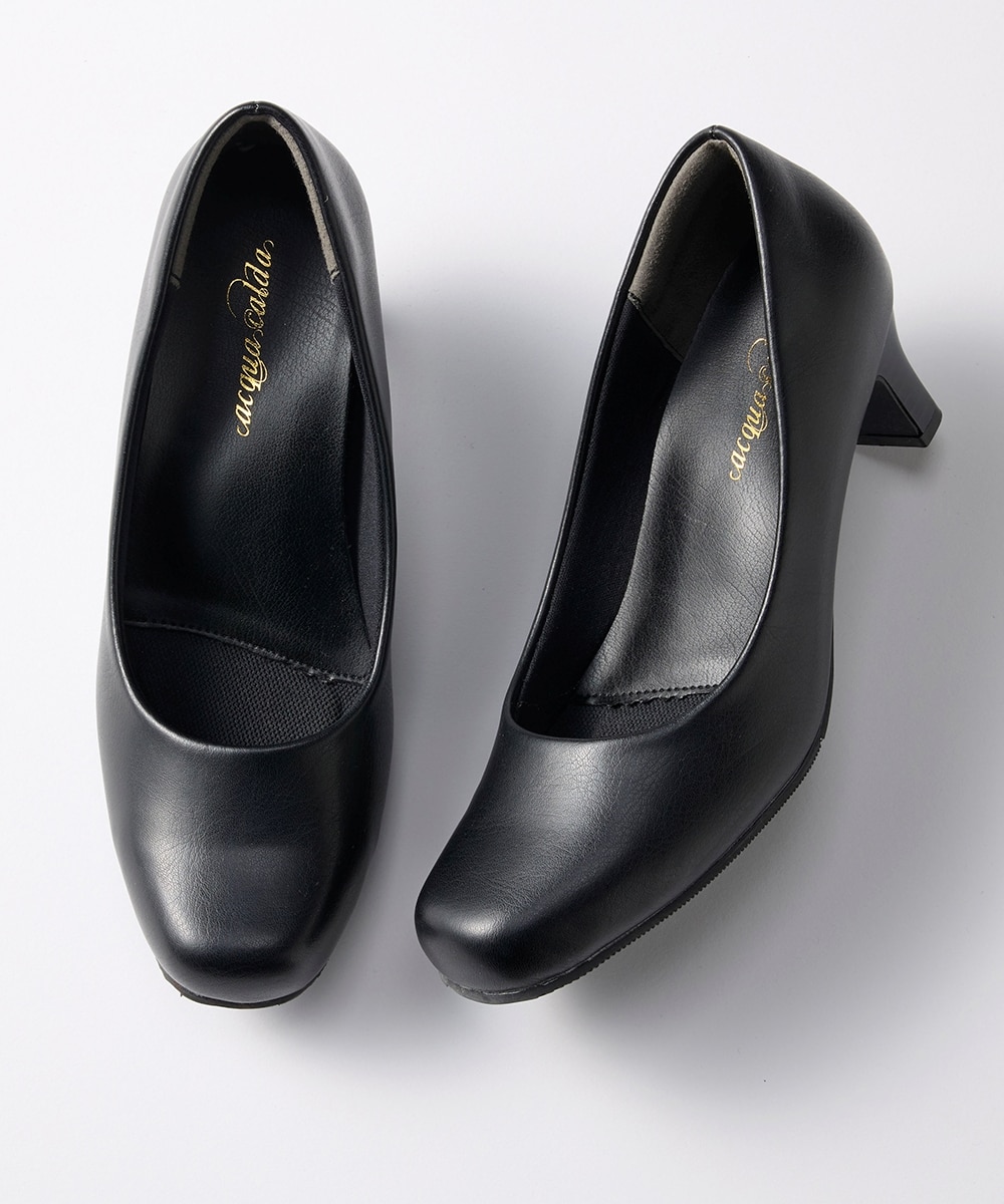 ゆったり幅広】ブラックスクエアトゥミドルヒールパンプス（制菌・消臭