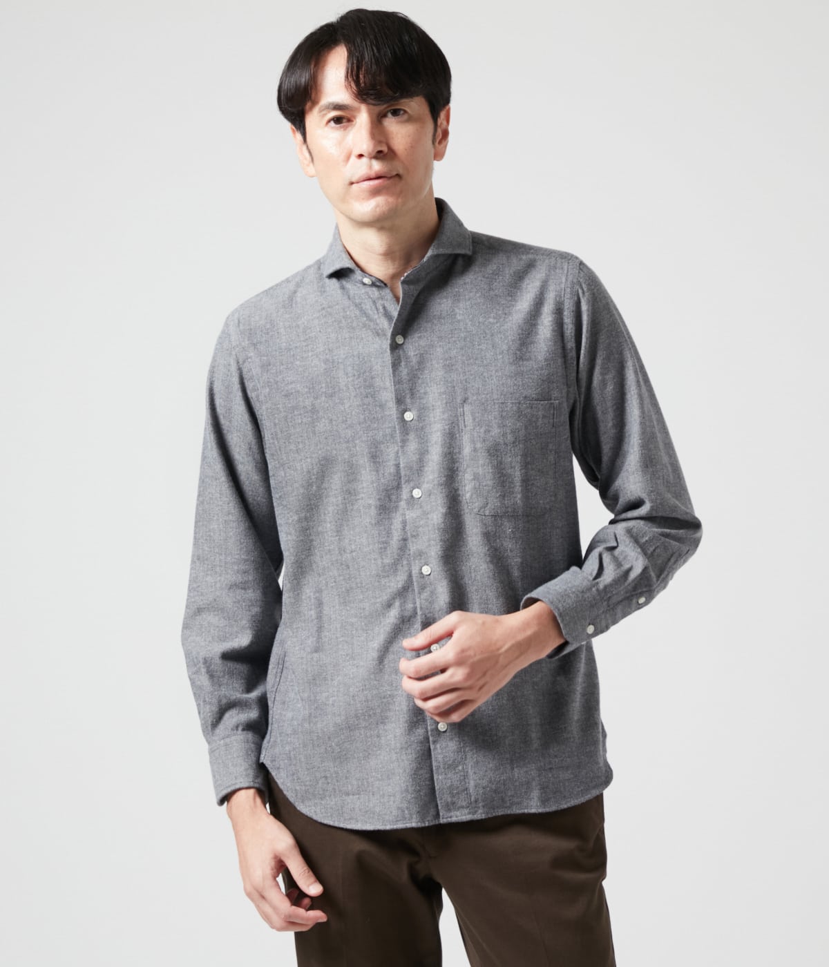 シャンブレーヘリンボーン起毛 長袖カッタウェイカラーシャツ(16763700