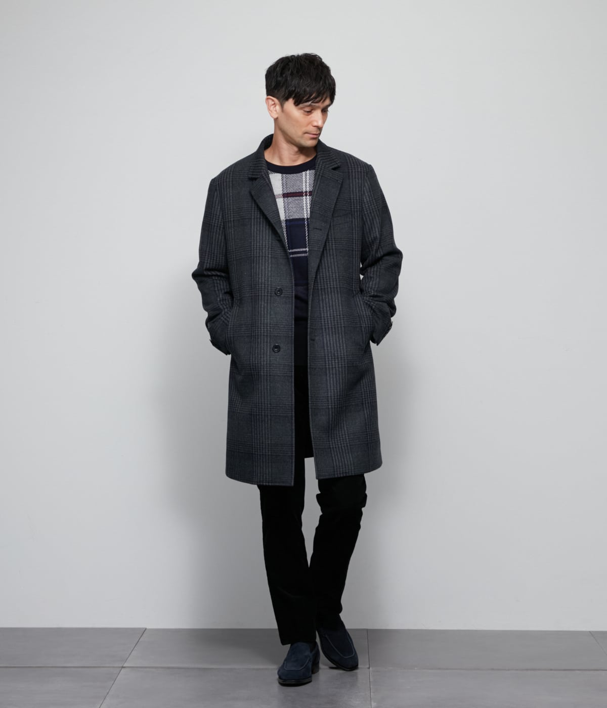 カシミヤ混 チェック ビーバー コンバーチブルカラーコート(11333307