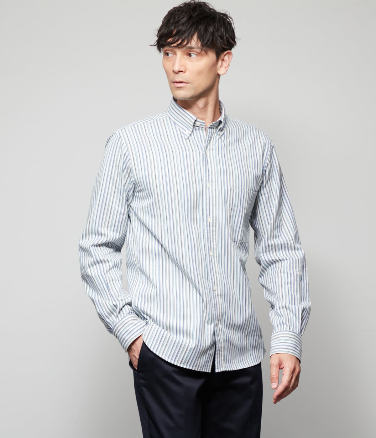 ピケ オルタネイトストライプ 長袖ショートボタンダウンシャツ