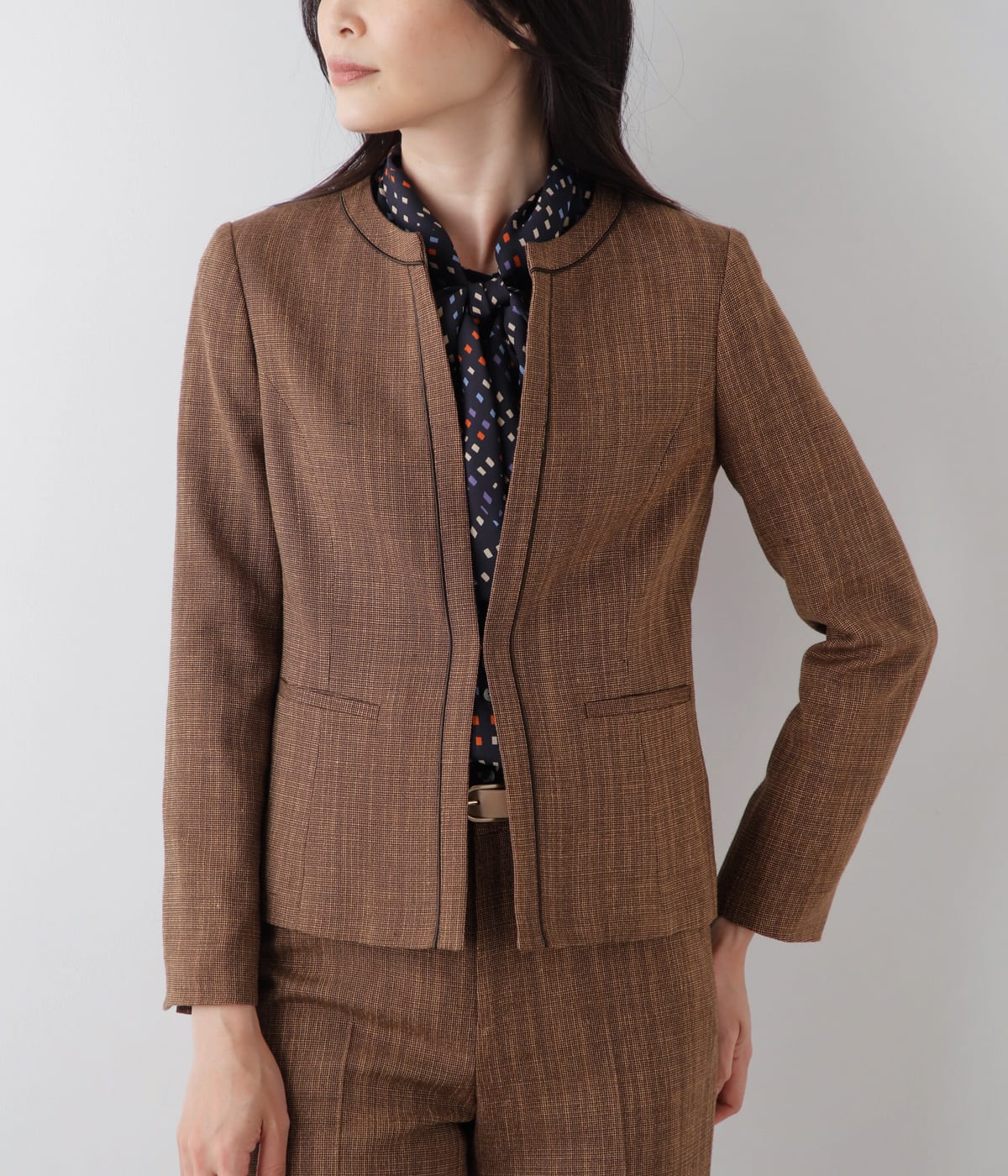 クラフトスラブツィードパイピングノーカラージャケット(51113151-2024