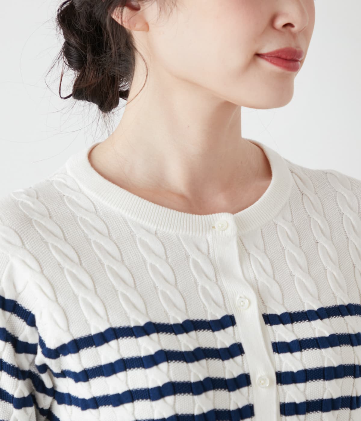 コンパクトギザコットン ケーブルクルーネックボーダーカーディガン