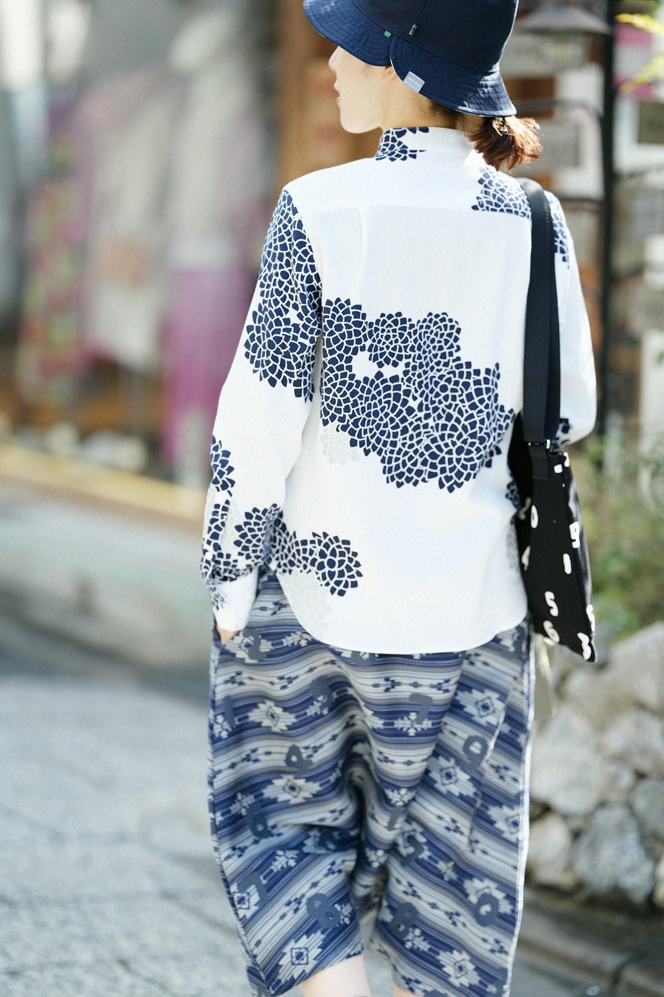 高島縮 スタンドカラーシャツ