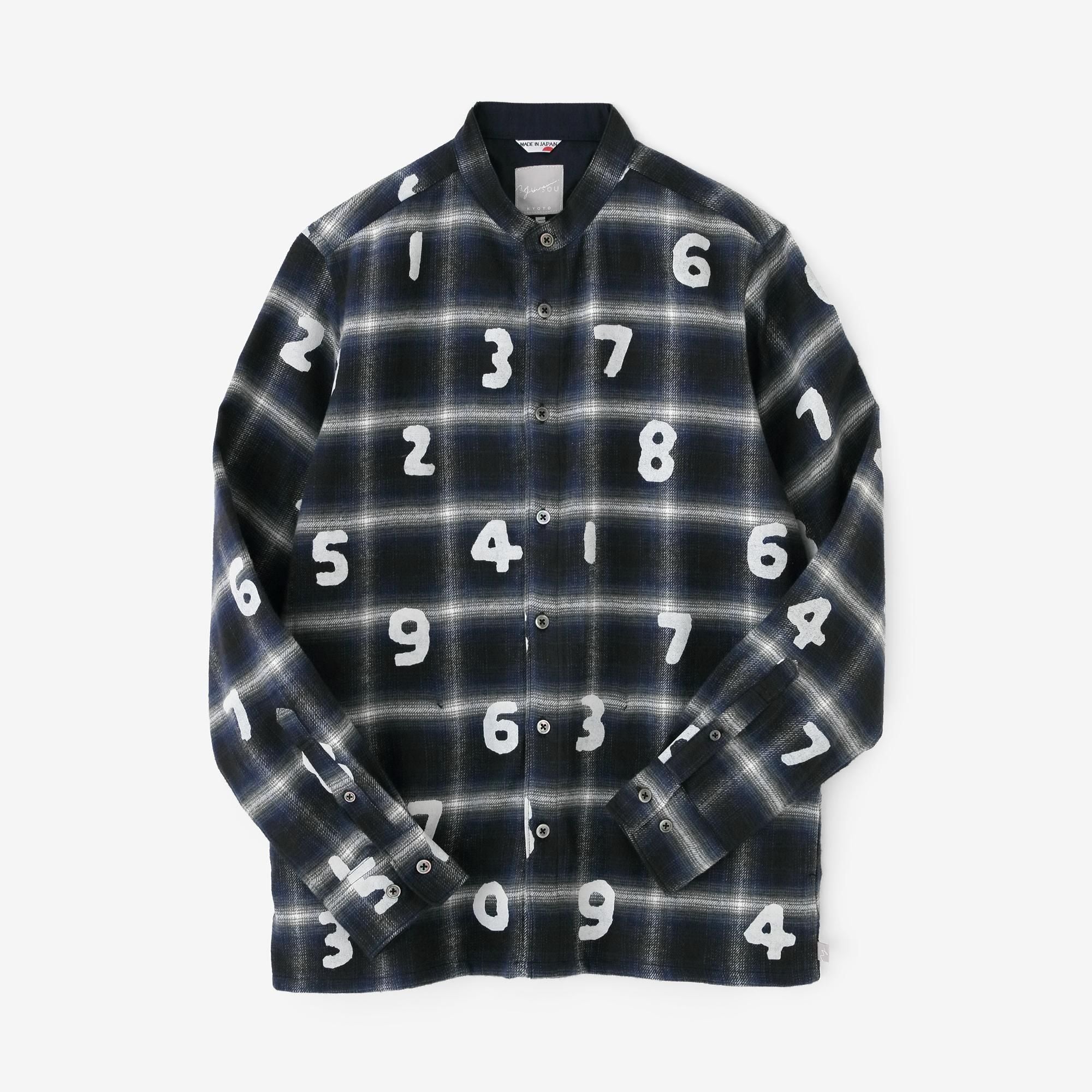 net限定】インディゴネルチェック スタンドカラーシャツ SP／ふくろう