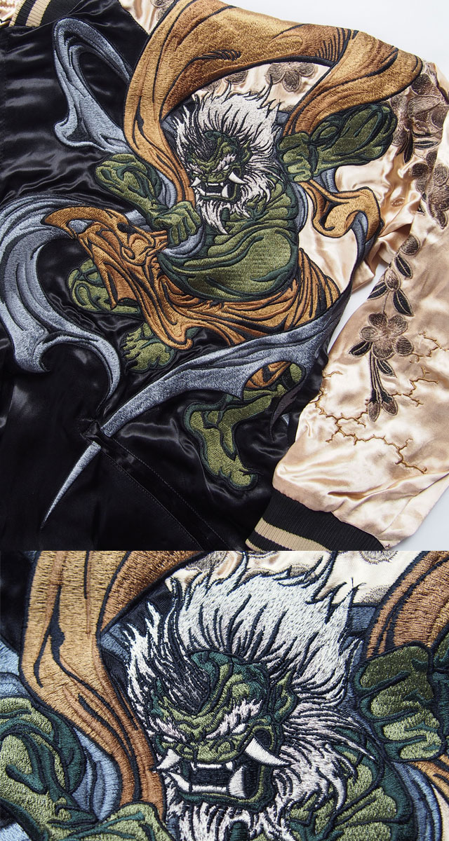 スカジャン メンズ 絡繰魂 粋 新風神雷神 刺繍スカジャン リバーシブル