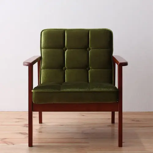 色褪せることのないグリーン 木肘レトロソファ 1人掛けタイプの詳細