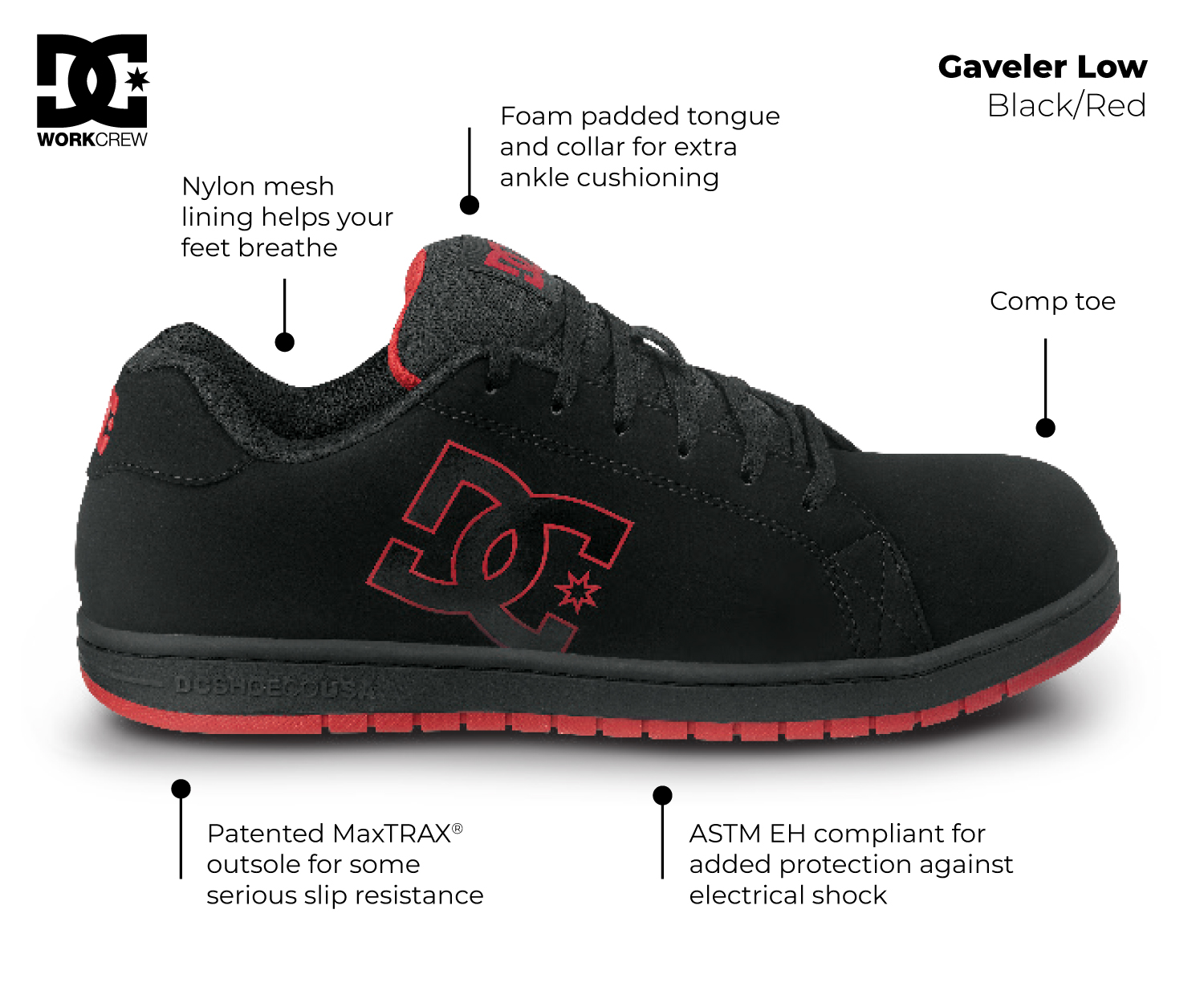 Male DC Work Crew Men's Black/Red Gaveler Work MaxTRAX® Composite