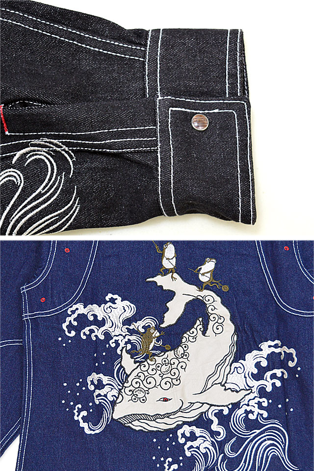 鯨デニムシャツ 参丸一 SSH-11065 和柄 和風 さんまるいち カエル