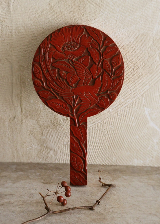 鎌倉彫手鏡 堆朱のような手鏡 花鳥図 手仕事 民藝 朱塗 手鏡