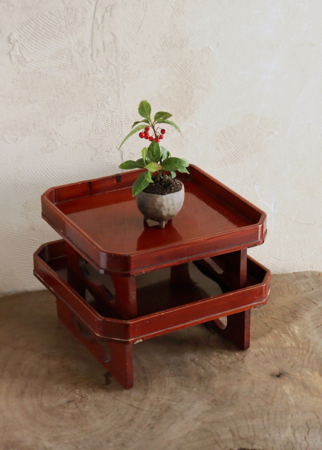 春慶塗り 足付き膳 大小 松透かし お盆 お膳 Antique Sam's Collection