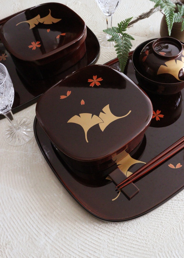 懐石道具 輪島塗 木製黒真塗 卓上膳 5客揃 絵変わり 平膳 おしゃれ 共