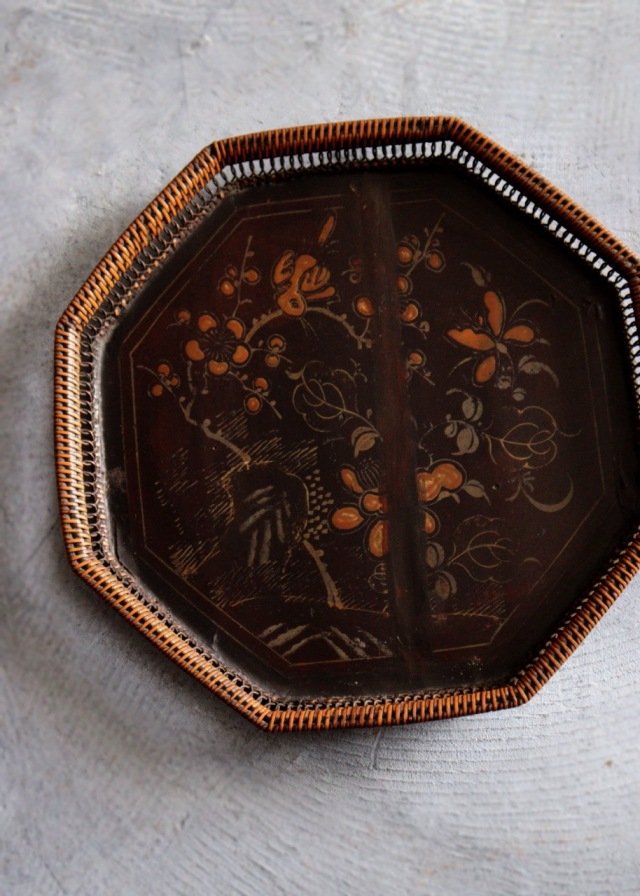 味のある漆絵八角盆 竹編 飾盆 民藝 煎茶盆 李朝