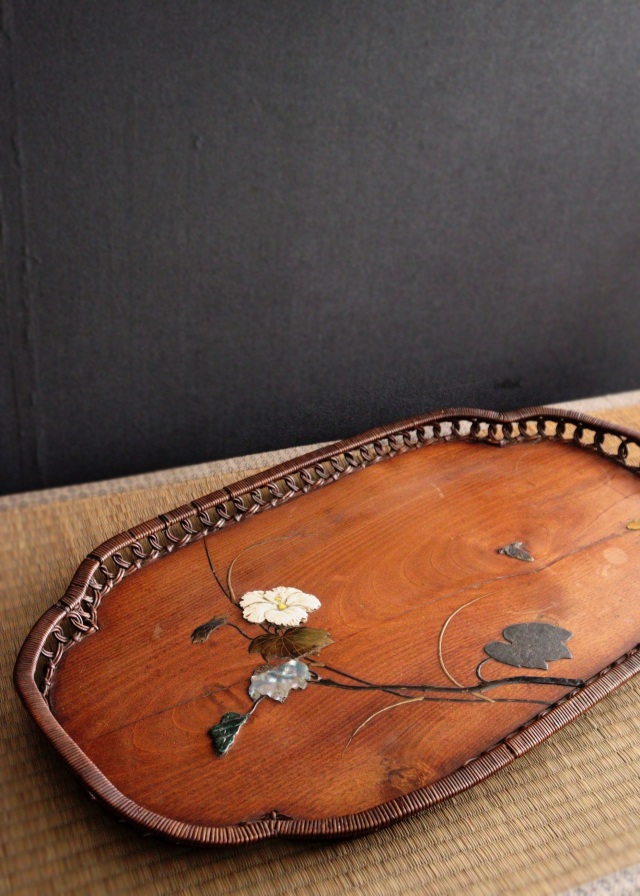 芝山象嵌蒔絵 ムクゲ紋長盆 蒔絵盆籐編 螺鈿 民藝 煎茶盆 民藝