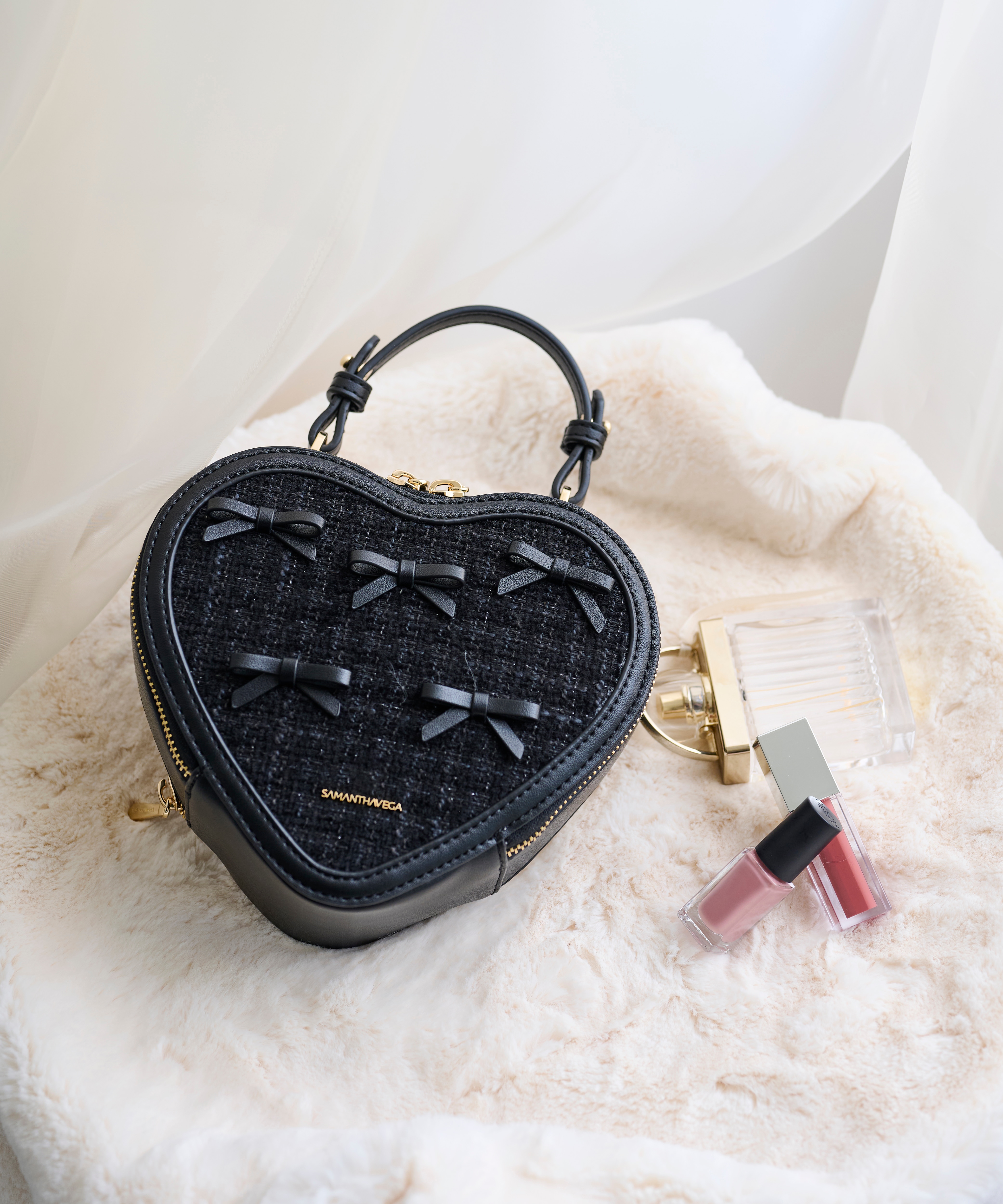 ツイードリボンハート型ショルダーバッグ(FREE ブラック