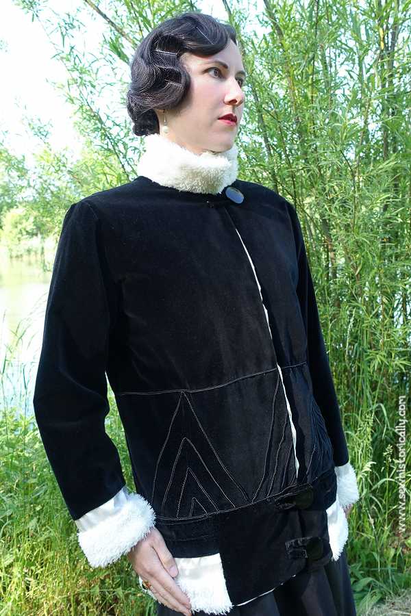 1920s Black Velvet Jacket With White Faux Fur - Sew Historically