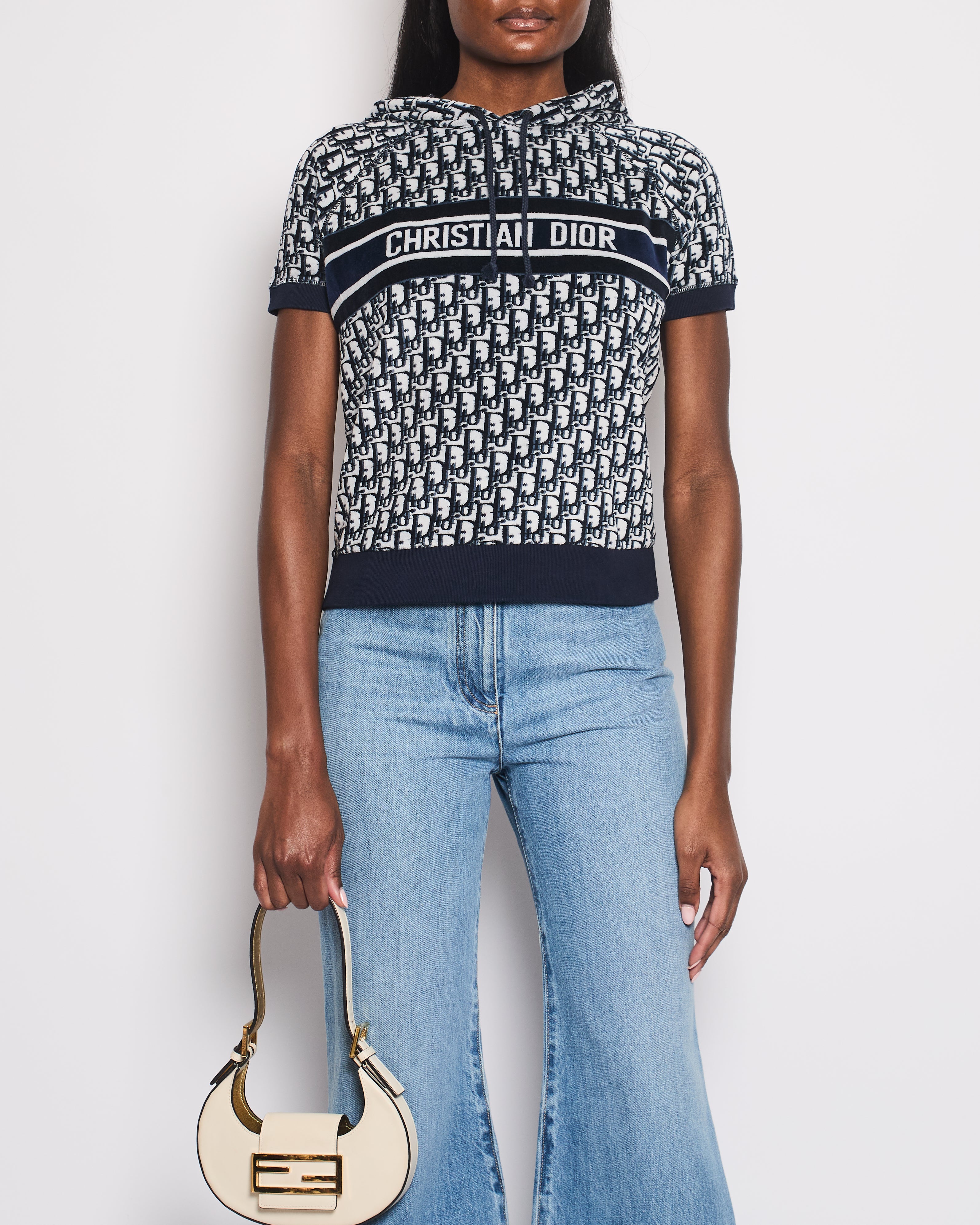 Christian Dior Blue Oblique Print Short Sleeve Hooded Towelling