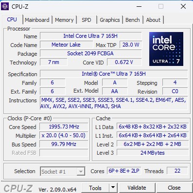 Intel Core Ultra 7 165H CPU Z - ServeTheHome