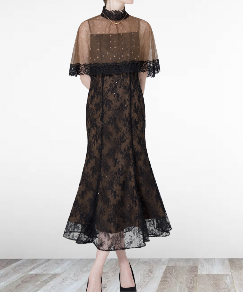 Mサイズ】ハイネック花柄レースボレロ付きシースルースパンコール