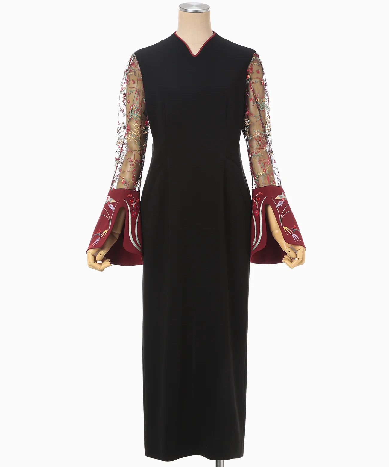 2サイズ】Acetate Polyester Floral Lace-Sleeve Dress - black Mame