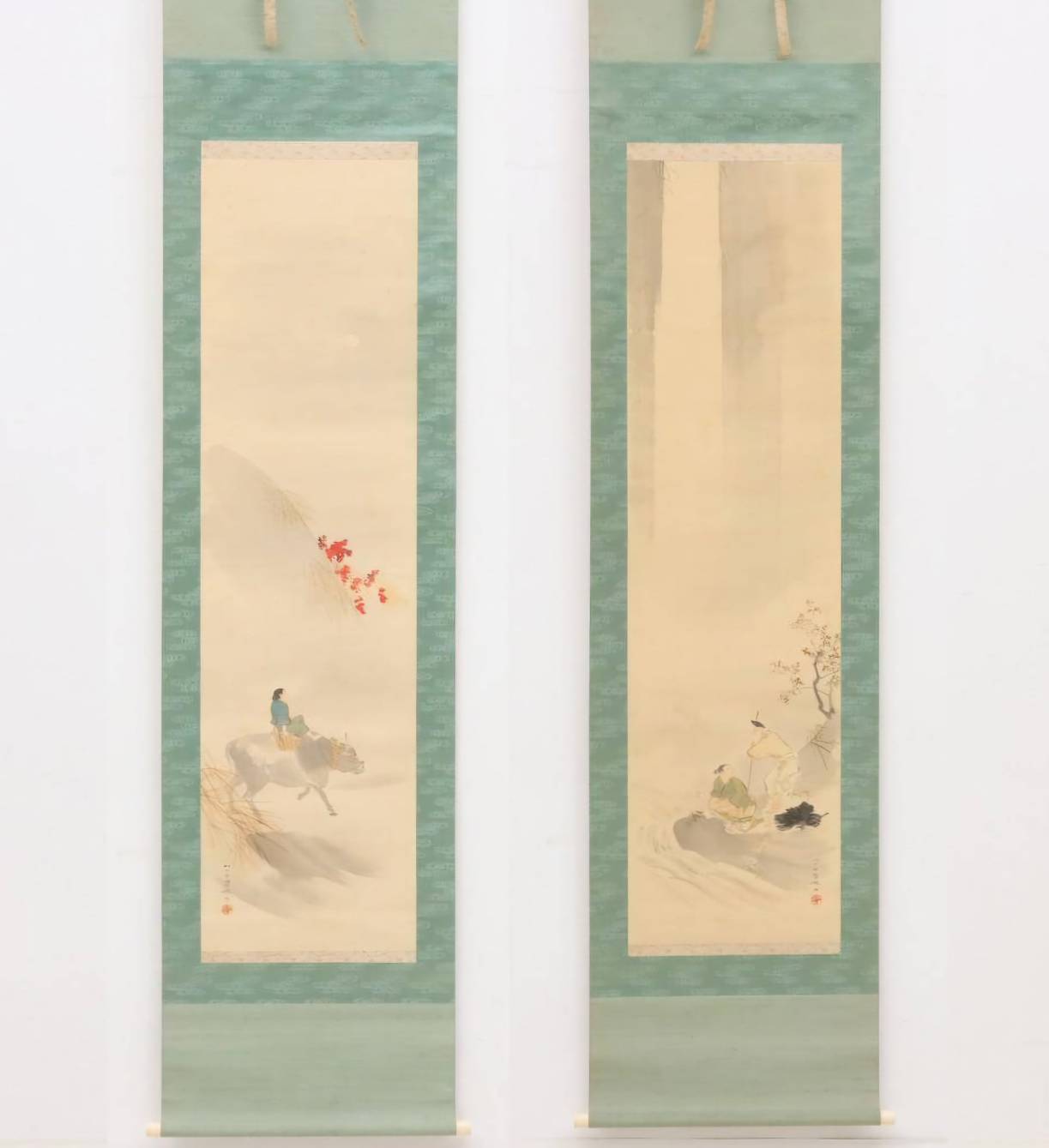 松本楓湖 掛軸(絹本) 「月下牧童、養老孝子」双幅 | 新栄堂