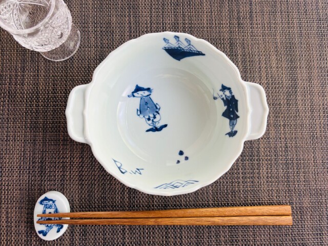 異人づくし新耳付スープ碗 しん窯青花