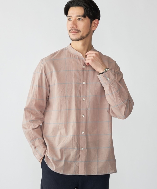 SHIPS: コットン シルク ペールチェック バンドカラー ロングスリーブ