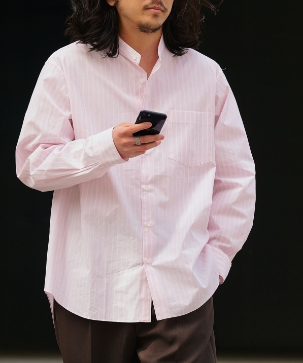 SHIPS: バンドカラー スーピマ コットン ポプリン ストライプ 長袖