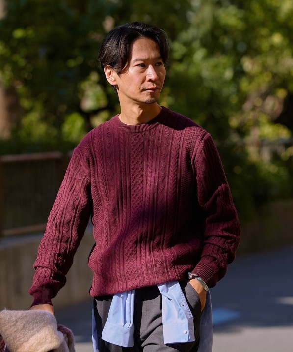 SHIPS:〈手洗い可能〉コットン ウール アラン クルーネック プル