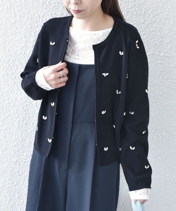 SHIPS Colors:〈手洗い可能〉ビジュー ノーカラー カーディガン