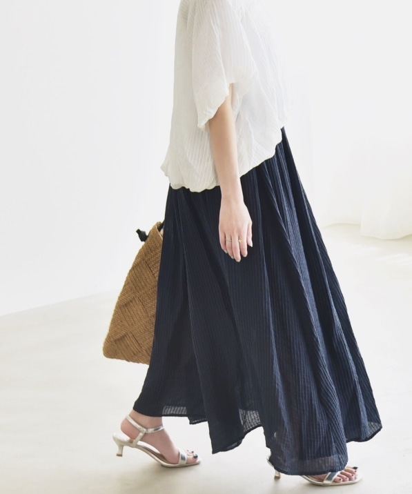 quaranciel:〈洗濯機可能〉シアー ストライプ ギャザーフレア スカート