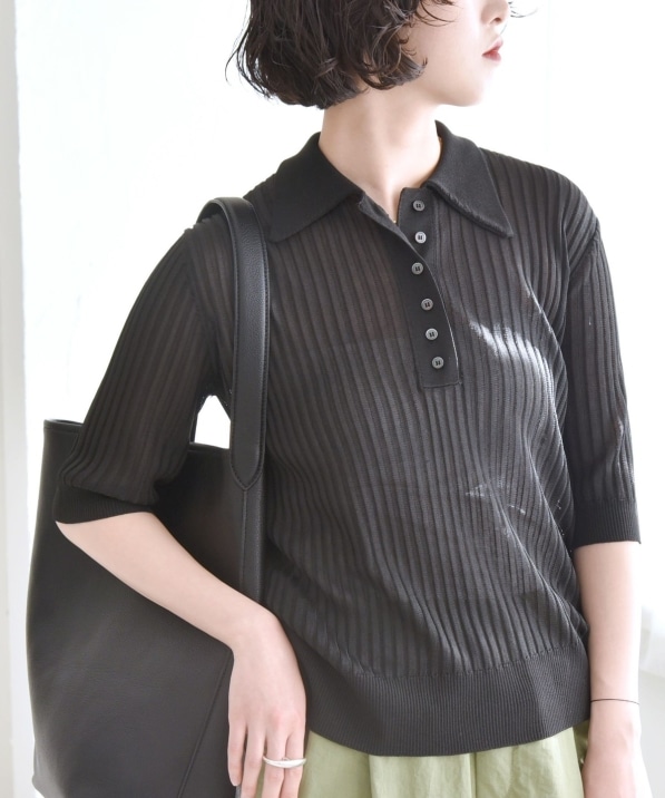 quaranciel:〈手洗い可能〉シアー ラメ ポロ リブ ニット プルオーバー