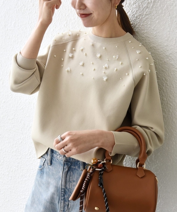 SHIPS any:〈手洗い可能〉パールモチーフ ビジュー クルーネック