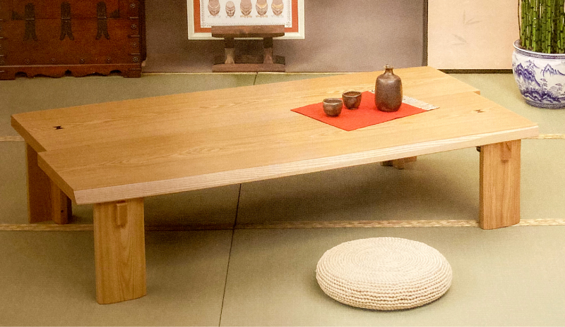 国内生産品 W120折れ脚モダン座卓 八代（やしろ）タモ材突板の天板が