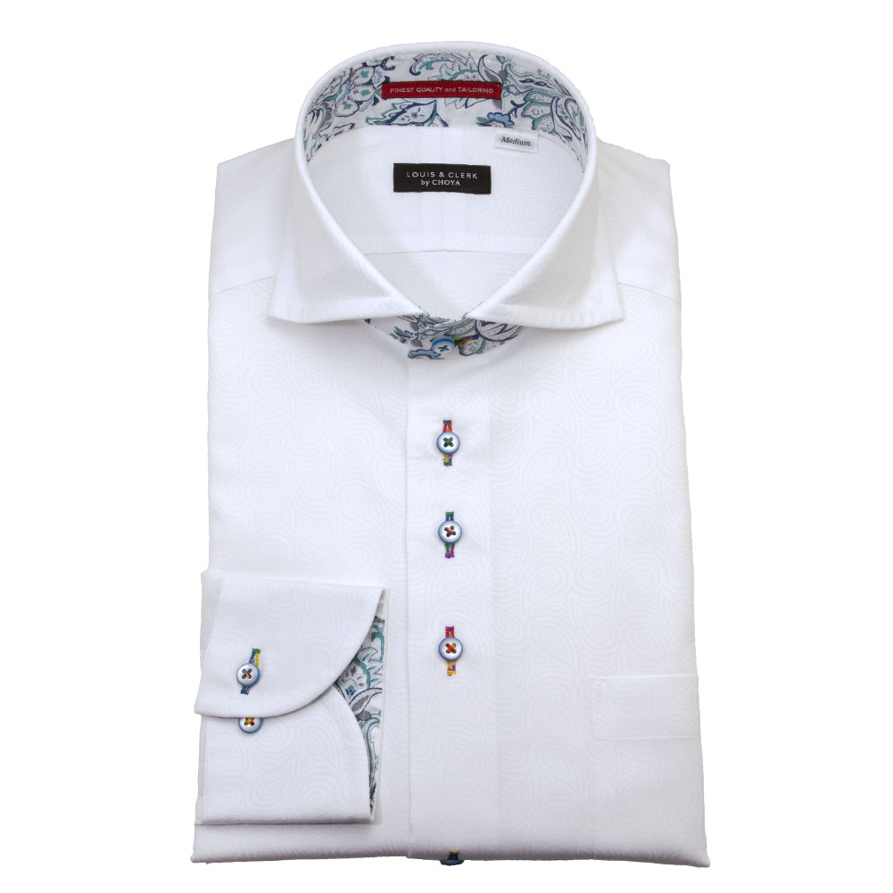ワイシャツ 花柄 草木、ボタニカル ペイズリー ホワイト ジャカード