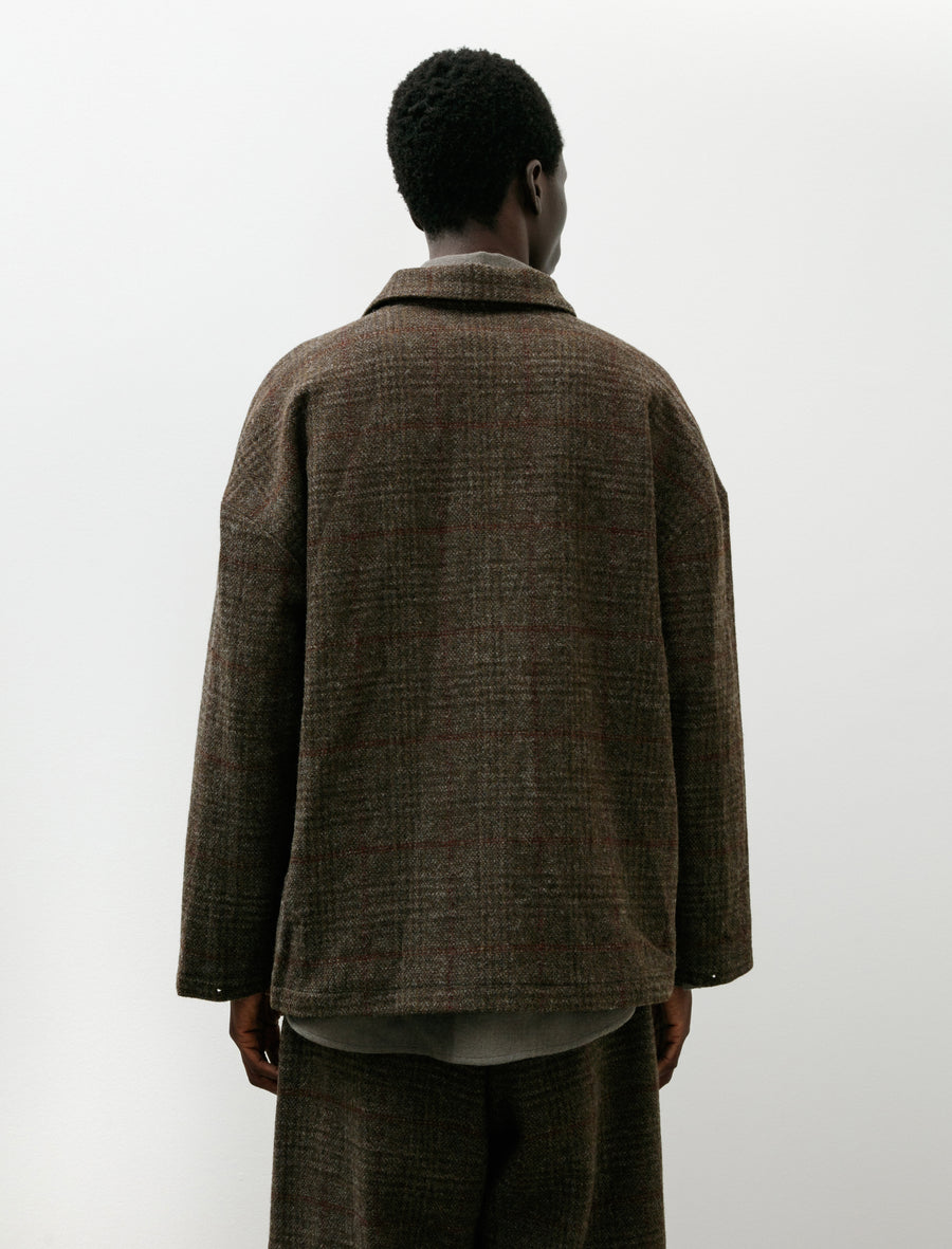 Evan Kinori Field Shirt Two Wool Herringbone Check Dark Olive