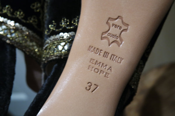 Emma Hope Black Velvet Slingback Shoe with Gold Embroidery