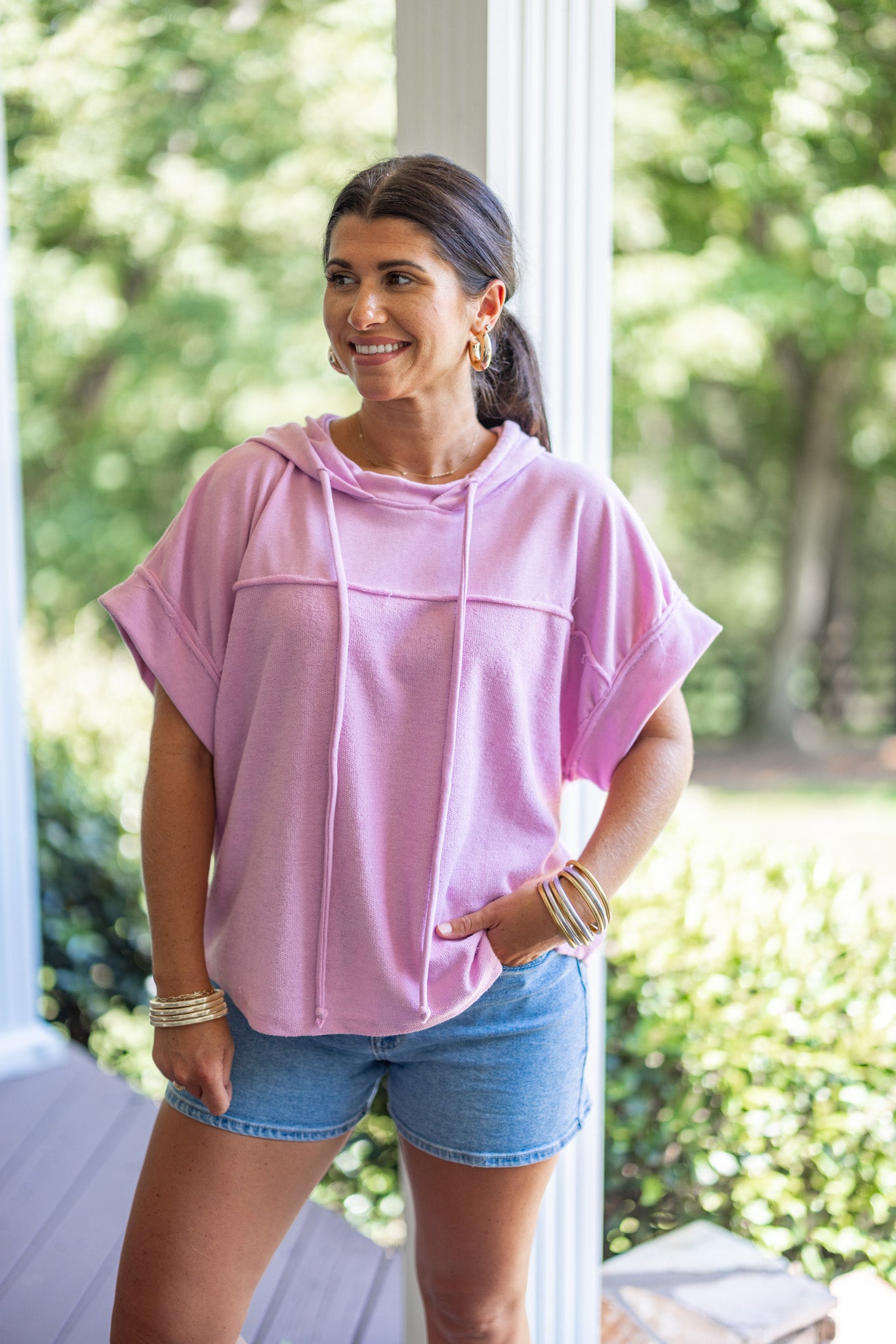 Pink Terry Knit Short Sleeve Hoodie Top | Purple Door | Commerce