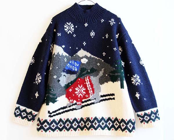 00s LAUREN ラルフローレン 犬 スキー柄 ウール ハンドニット セーター