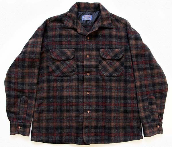 50s PENDLETONペンドルトン チェック オープンカラー ウールシャツ M