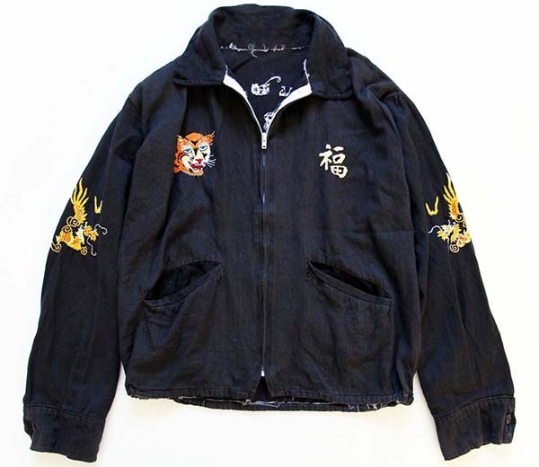 60s CAMRANH BAY タイガー ドラゴン刺繍 コットン ベトジャン 黒