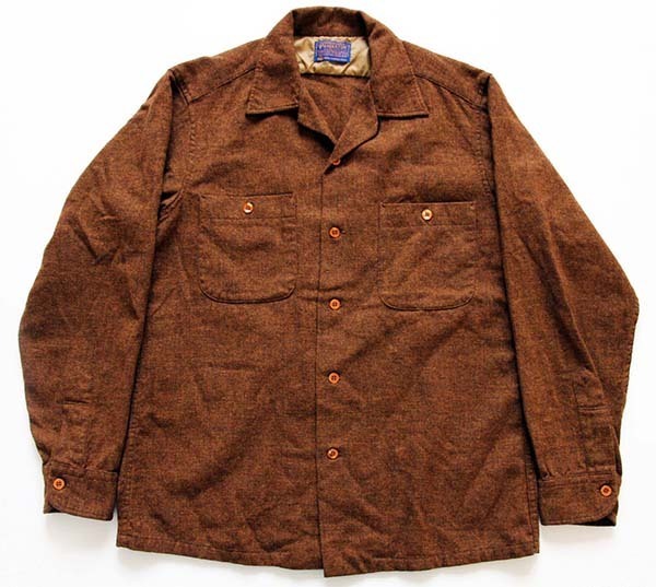 60s PENDLETONペンドルトン 無地 オープンカラー ウールシャツ 茶 M