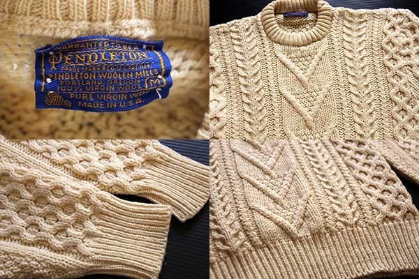 70s USA製 PENDLETONペンドルトン ケーブル編み ウールニット セーター