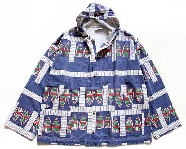 90s USA製 MICHIGAN RAGミシガンラグ ボート 総柄 パーカー