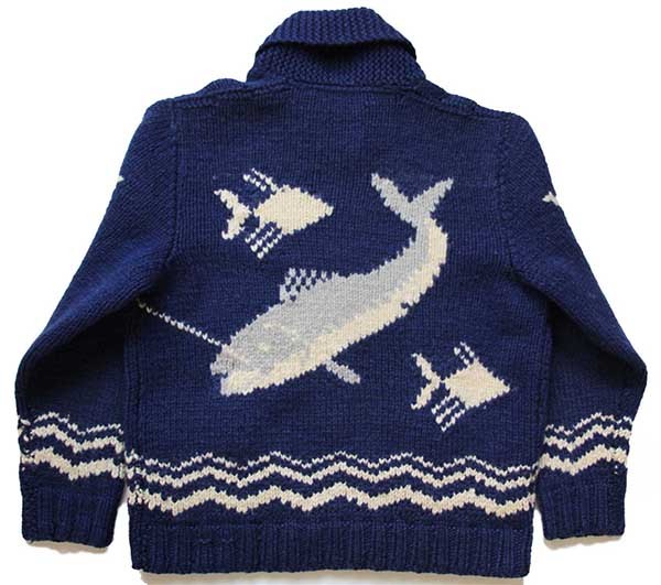 60s UNKNOWN 魚柄 ウール カウチンセーター 青紺 - Sixpacjoe Web Shop