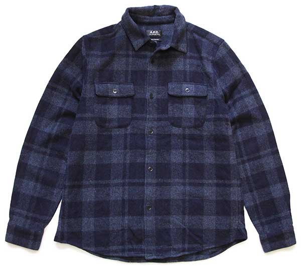 ルーマニア製 A.P.C. アーペーセー チェック マチ付き ウールシャツ 紺