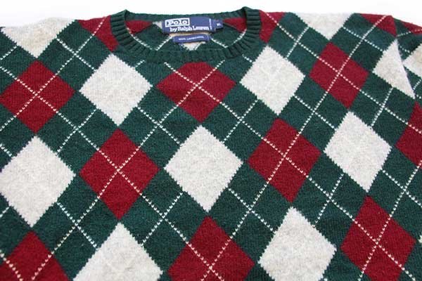 90s ポロ ラルフローレン アーガイル柄 ラムウールニット セーター XL