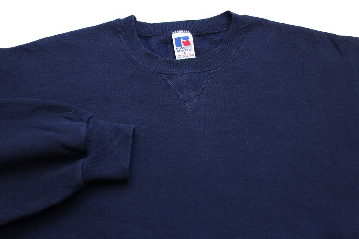 90s USA製 RUSSELLラッセル 無地 前V スウェット 紺 L☆ブランク